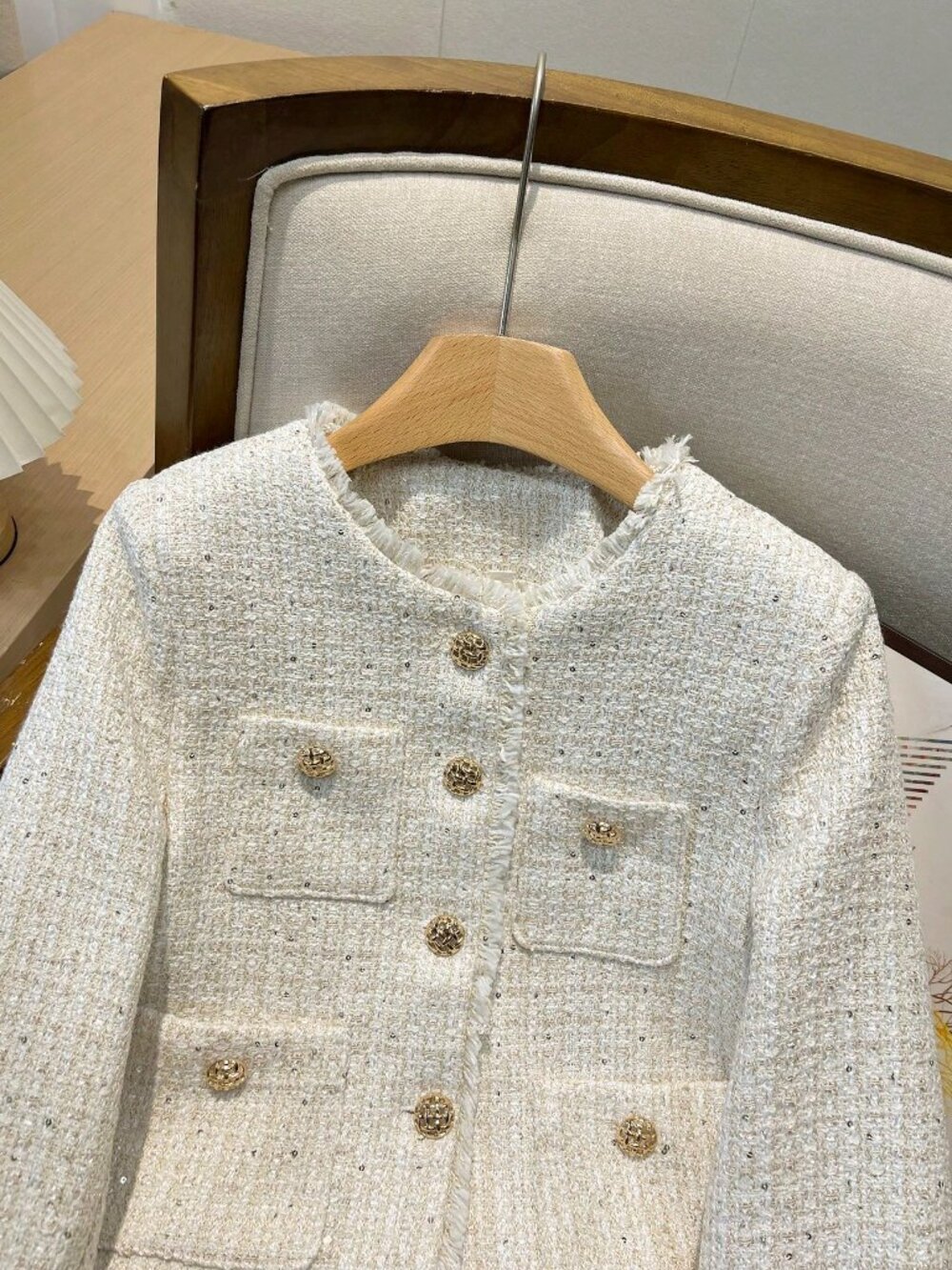 Beige Elegant Women's Casual Loose French Button Tweed Fringe Short Jacket - Picture 4 of 9